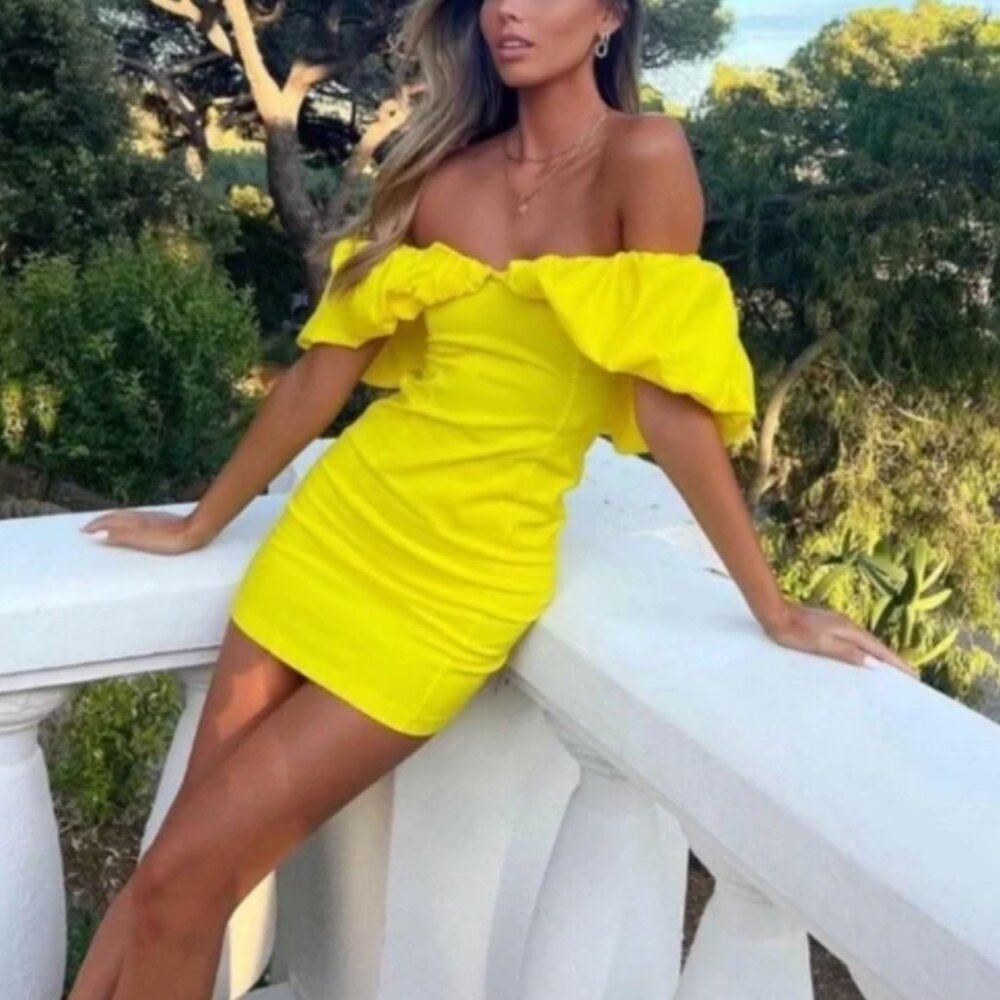 Zara Off The Shoulder Balloon Sleeves Yellow Mini Dress Size Small
